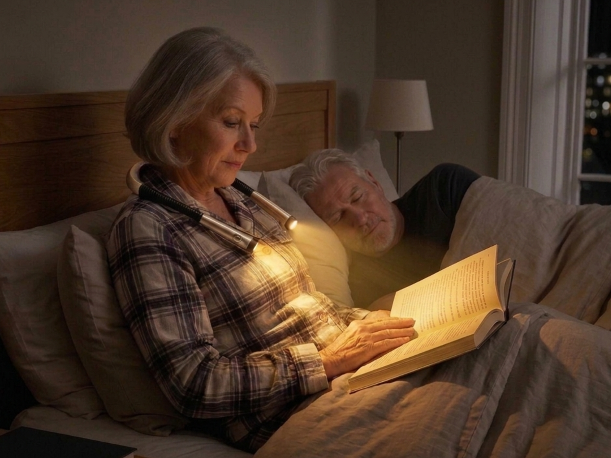 Woman ~70 reading in bed, husband asleep, light pooled on the page