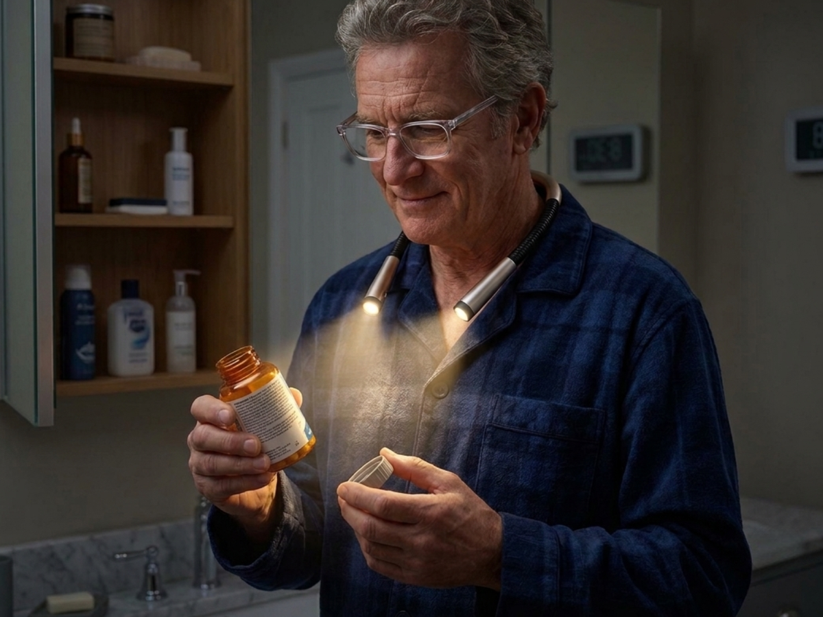 Hands and a pill bottle at a kitchen counter at night