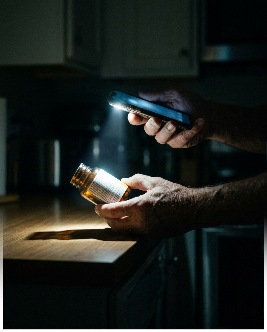 Illustration: phone flashlight over pill bottle