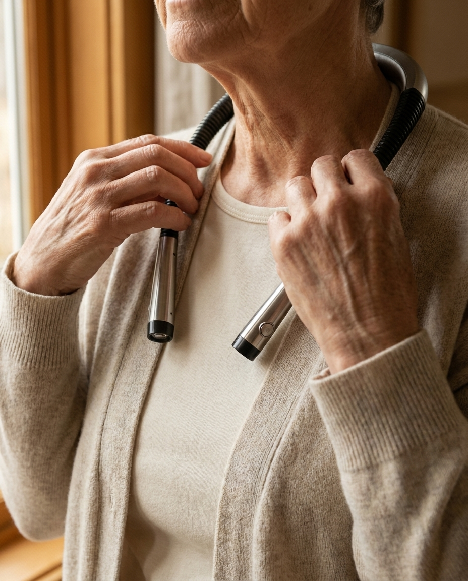 Hands placing the light around the neck over a cardigan