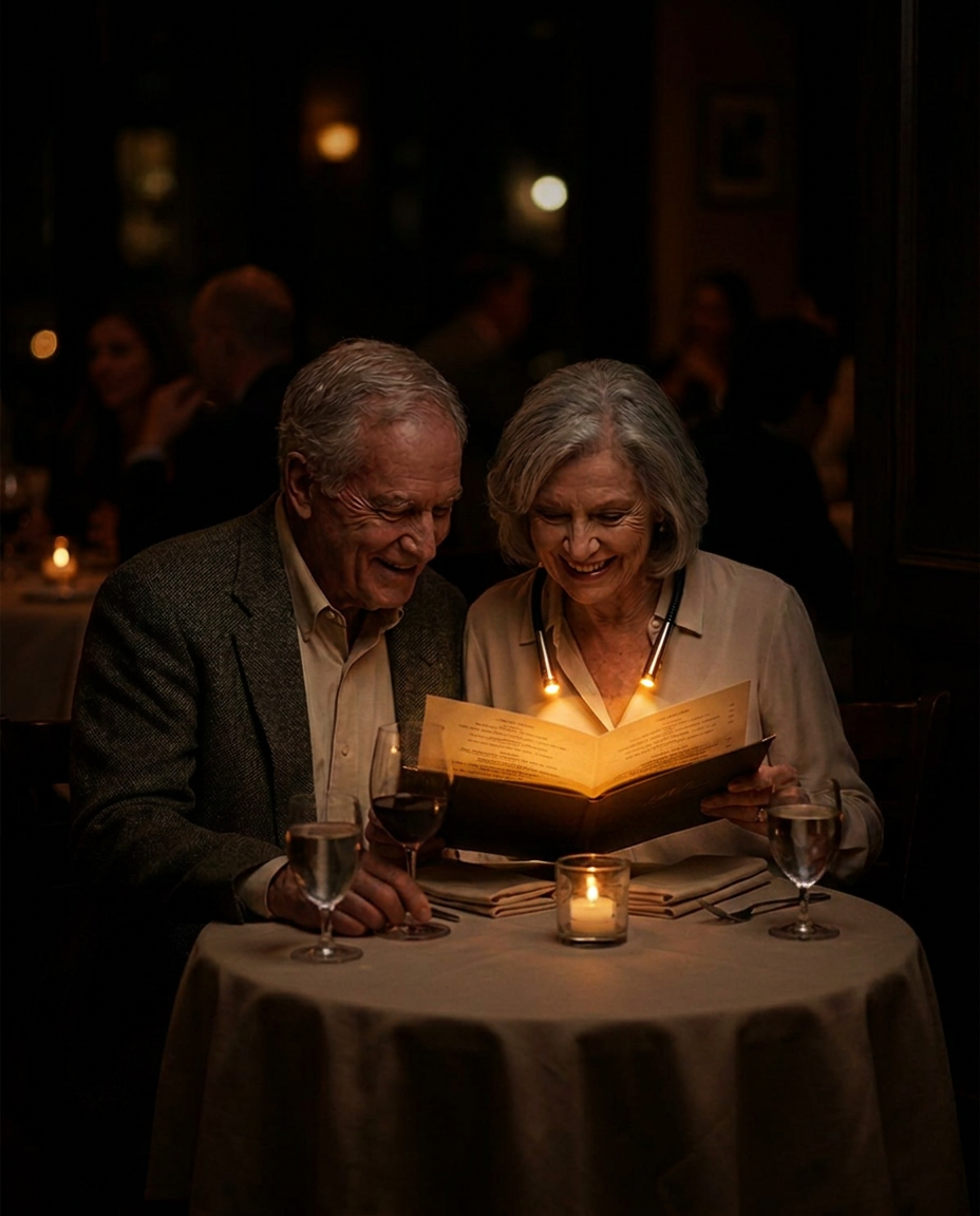 Couple at a candlelit table reading a menu with the light