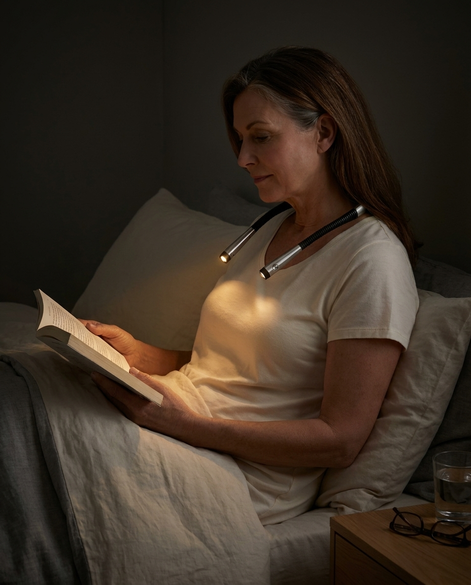 Dim warm light in a dark bedroom, book in lap