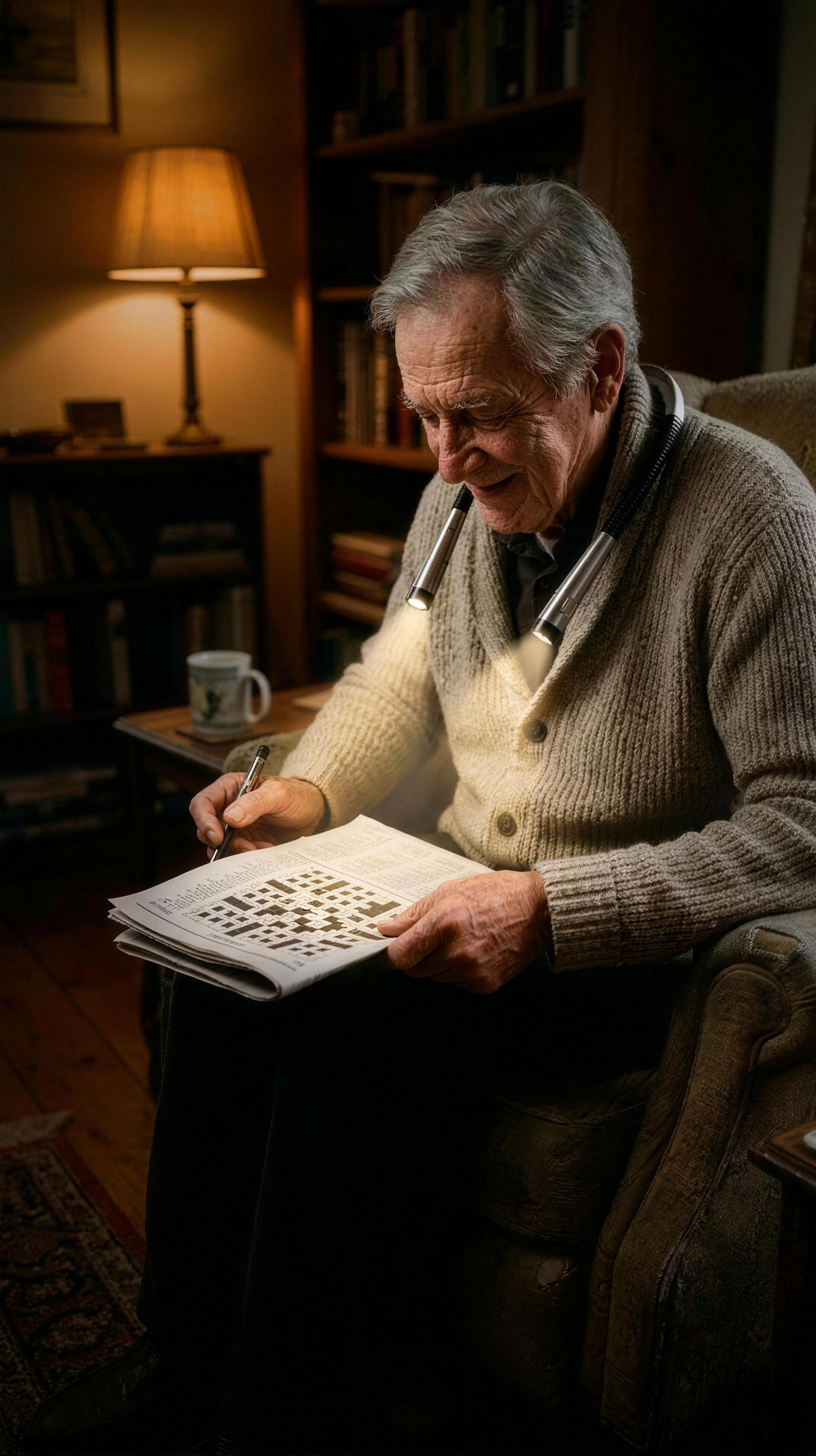 Man ~72 doing a crossword in an armchair, light on the page