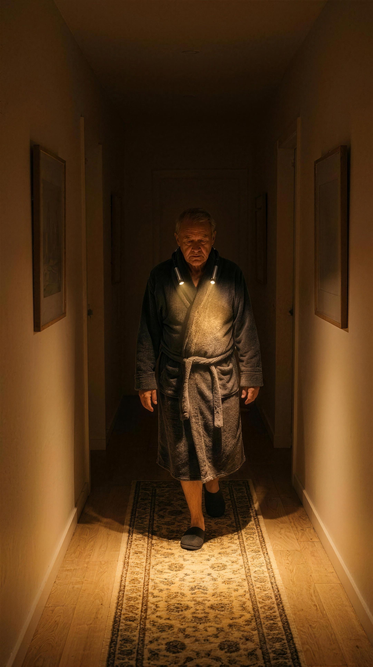 Someone walking a dark hallway, wearing the light